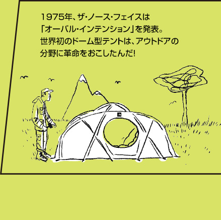 1975年、ザ・ノース・フェイスは「オーバル・インテンション」を発表。世界初のドーム型テントは、アウトドアの分野に革命をおこしたんだ！