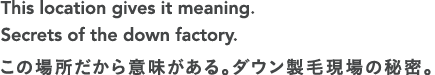 This location gives it meaning. Secrets of the down factory. この場所だから意味がある。ダウン製毛現場の秘密。
