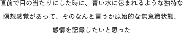 直前で目の当たりにした時に、青い水に包まれるような独特な瞑想感覚があって、そのなんと言うか原始的な無意識状態、感情を記録したいと思った