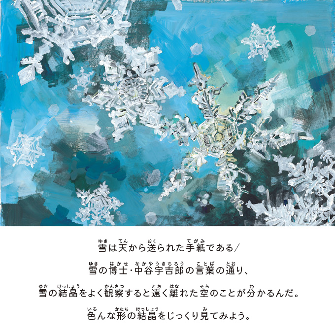 雪は天から送られた手紙である／雪の博士・中谷宇吉郎の言葉の通り、雪の結晶をよく観察すると遠く離れた空のことが分かるんだ。色んな形の結晶をじっくり見てみよう。